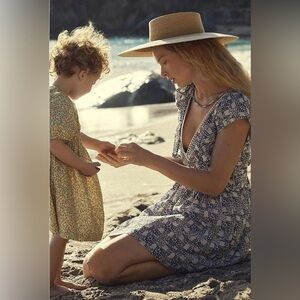 Anthropologie Boho Blue White Floral V-Neck Plunge Tunic Mini Dress Size Small